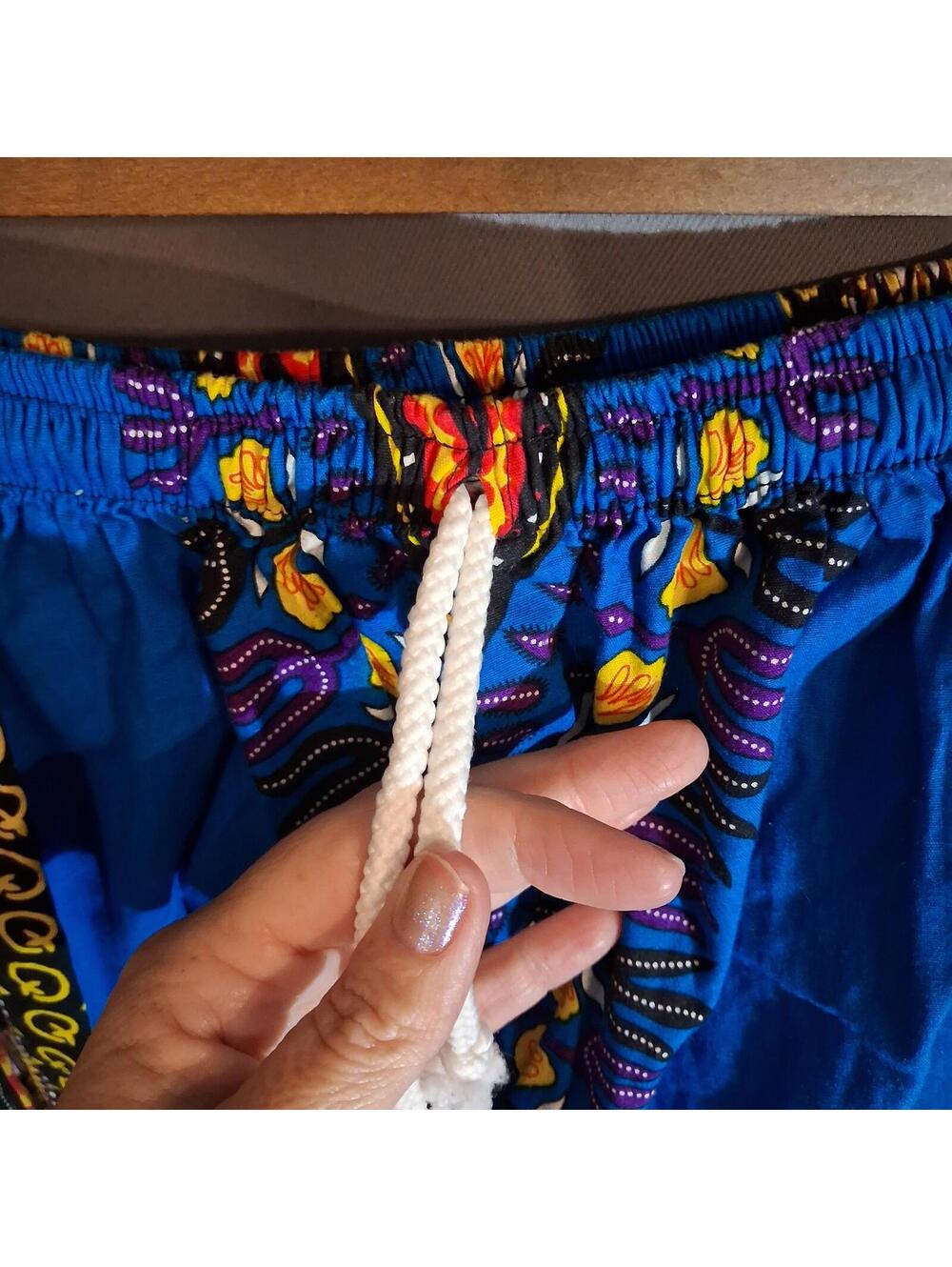 Blue Multi-Color African Print Cotton Capri Pants Size Waist 30 - Picture 2 of 6